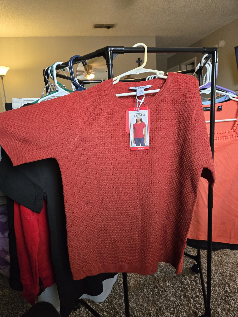 Nine West Red Textured Knit Short-Sleeve Sweater